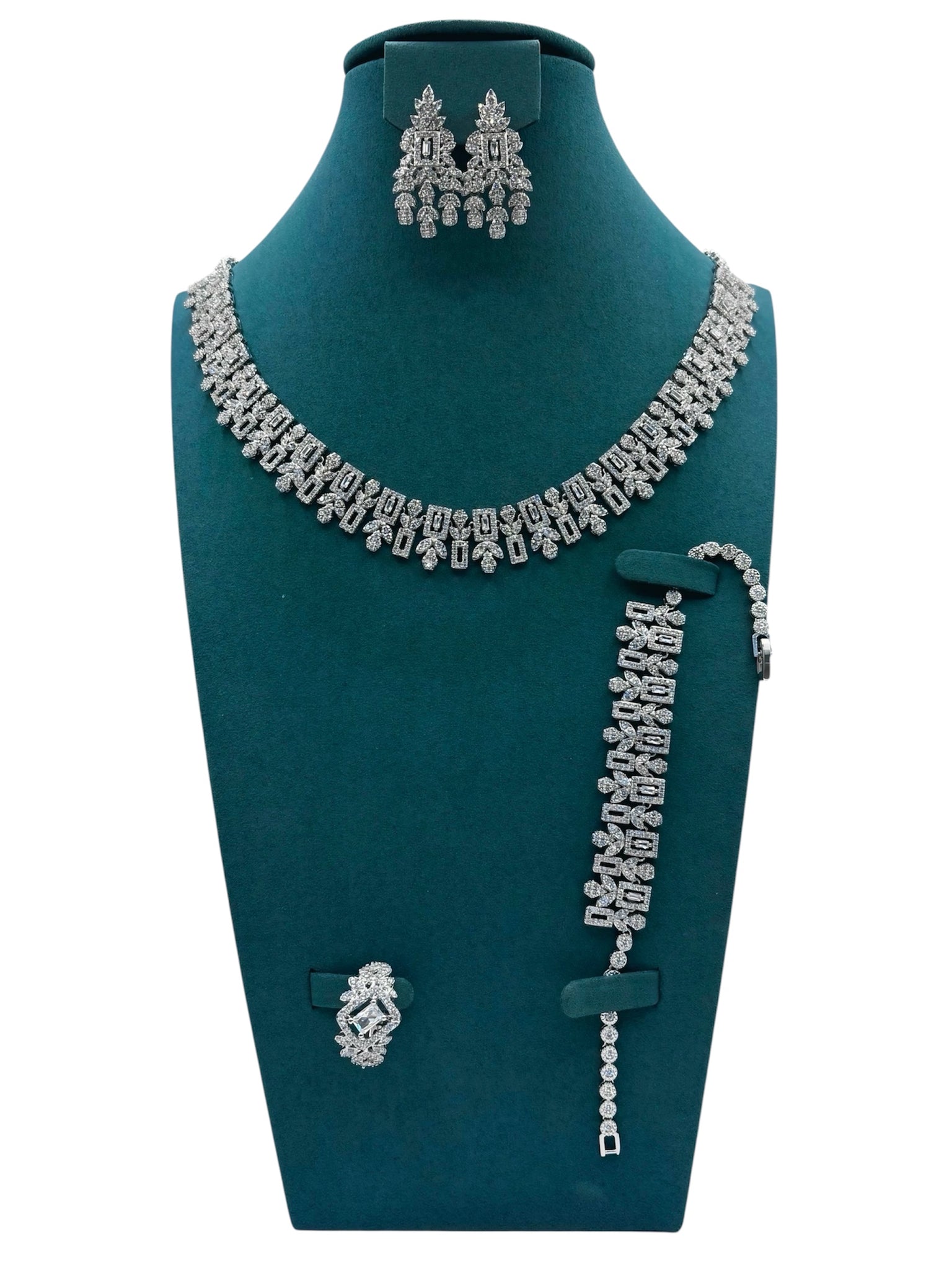 Classic Statement Jewelry Set with Emerald-Cut Stones – Silver Finish