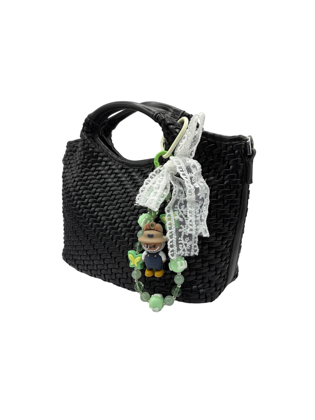 Black Woven Handbag with Inner Pouch and Charm